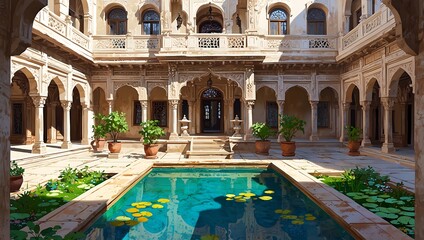 Illustrated Indian Palace Courtyard with Reflecting Pool