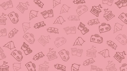 pink doodle holiday background featuring tents buses luggage and postcards perfect for travel themes summer vacation designs or world holiday celebration graphics
