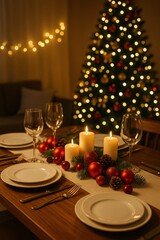A Festive Dining Table Set for a Joyous Christmas Celebration Surrounded by a Beautifully Decorated Tree and Soft, Warm Candlelight
