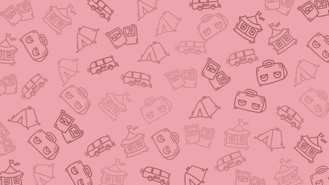 pink doodle holiday background featuring tents buses luggage and postcards perfect for travel themes summer vacation designs or world holiday celebration graphics