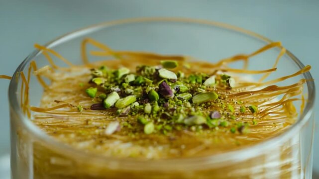 This delicious layered dessert features crispy golden noodles and creamy white filling. It is beautifully garnished with vibrant green pistachios, perfect for any occasion.