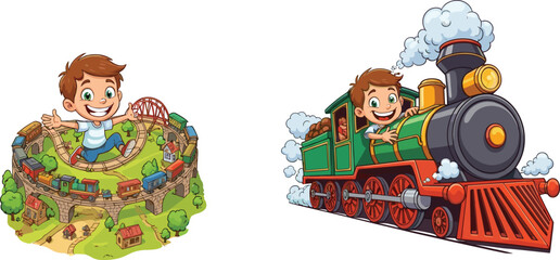Cartoon child with train, miniature town, playful adventure, colorful houses, red bridge, steam locomotive, cheerful scene, whimsical design, exploration concept