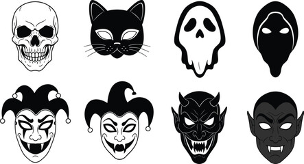 Halloween mask collection, skull, cat, ghost, hooded figure, clown, demon, vampire, spooky face art, horror costume design