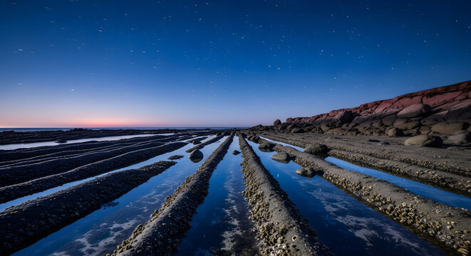 Starry Night at Low Tide Coastal Rocks: Night Sky Reflection, Rocky Seashore, Celestial Scenery, Astronomy Landscape, Peaceful Ocean Atmosphere, Unique Tidal Pools, Geological Formations