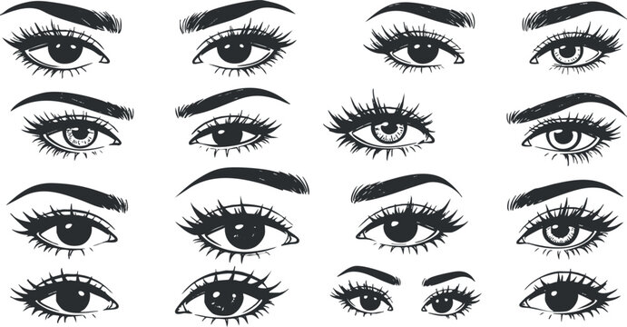 Collection of various eye illustrations showcasing different styles and expressions in black and white.