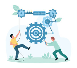 Change, improve work of digital business project vector illustration. Cartoon tiny people spin cogwheels and move gears, turning wheels for better machine operation, success teamwork cooperation