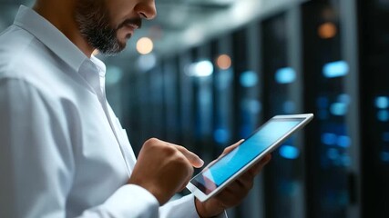 A data center engineer uses AI visualization tools on an tablet to detect performance anomalies on generic real time dashboards server racks glowing AI anomaly detection data - Powered by Adobe