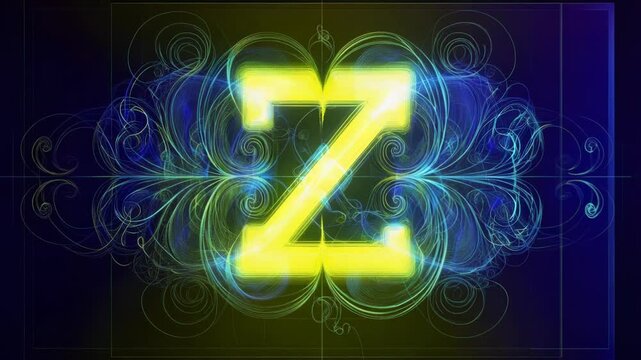 Glowing yellow letter Z stands out vibrantly. Dynamic blue and green fractal patterns surround it.