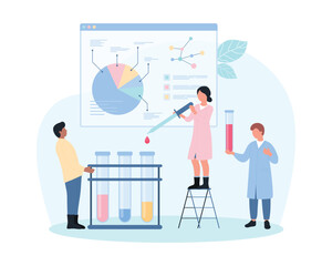 Blood test, hematology vector illustration. Cartoon tiny doctors holding pipette and lab vials with blood samples to research in laboratory, medical professional analysis on chart and examination