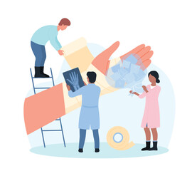 Help with hand injury and fracture in hospital vector illustration. Cartoon tiny people treat bruise, broken sick arm with ice pack and elastic bandage, doctor holding xray of wrist for diagnosis