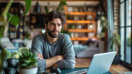 Young Man in Casual Attire Working from Home in Bright Living Space