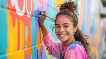 Young Girl Enjoying Colorful Mural Painting with Joyful Expression