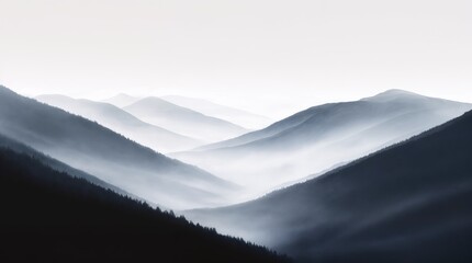 Soft Fog Over Rolling Mountains in Black and White Landscape