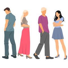 Fototapeta premium Two standing young men and two women, front and back view, different colors, cartoon character, group of silhouettes of business people, students, flat icon design concept isolated on white background