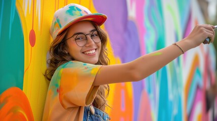 Joyful Young Woman Posing Against Colorful Urban Mural Background