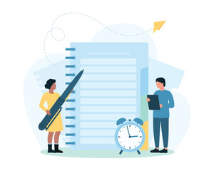 Diary, daily planner and agenda in office notepad vector illustration. Cartoon tiny people holding pen to write important notes in paper notebook, man and woman make report for task organization