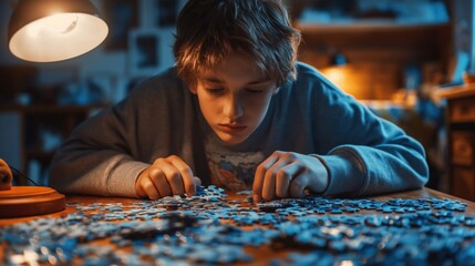 Young Boy Concentrating on Completing Jigsaw Puzzle in Cozy Room