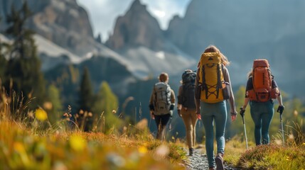 Group of Adventurous Hikers Exploring Scenic Mountain Landscape