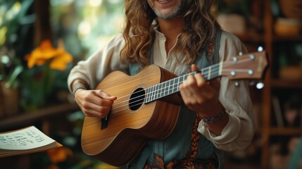Young man playing ukulele in indoor garden with joyful expression