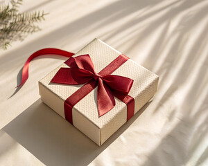 Minimal natural style gift wrapped in kraft paper with red satin bow. Elegant eco holiday or Valentine&rsquo;s gift under warm daylight and soft botanical shadows.