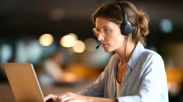 A call center worker types on an laptop using AI to generate call scripts on a generic contact center interface summarizing client issues on screen the office buzzing with