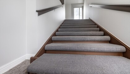 minimalist staircase featuring gray carpet runner and white walls in modern house
