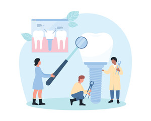 Dental implant, dentistry vector illustration. Cartoon tiny dentists and orthodontists with magnifying glass check tooth prosthesis with white crown and titanium screw, replacement procedure in clinic