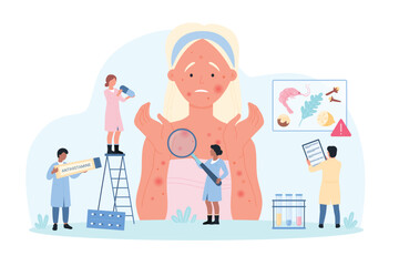 Diagnosis of allergy at examination with allergist vector illustration. Cartoon tiny people with magnifying glass research allergic symptoms on skin of woman, doctors advise antihistamine treatment