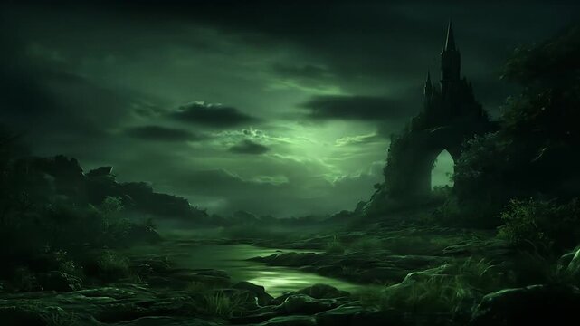 Mysterious dark castle landscape with green tones and dramatic lighting