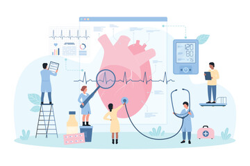 Heart health checkup in hospital, cardiology vector illustration. Cartoon tiny people holding big stethoscope and magnifying glass to check heartbeat, monitor blood pressure on electric device