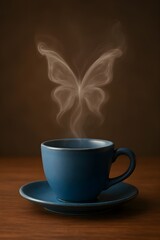 Blue ceramic cup with butterfly-shaped steam rising