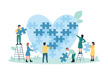 Obraz na płótnie Canvas Charity project, non profit organization vector illustration. Cartoon tiny people fit puzzle into heart shape, volunteers share support and social help, donate kindness, hope and love gift together Obraz na płótnie Canvas Charity project, non profit organization vector illustration. Cartoon tiny people fit puzzle into heart shape, volunteers share support and social help, donate kindness, hope and love gift together