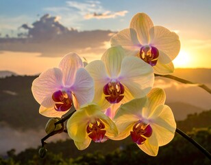 Six orchid blossoms with purple centers bathed in warm golden light