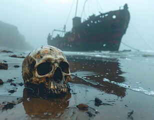 Skull on a misty beach with a decaying ship in the background