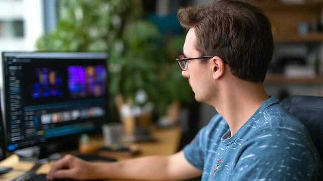 A freelancer in a home office designs UI for an AI LLM app () turning text prompts into photos on a generic non branded interface screens showing generative visuals a cozy apa