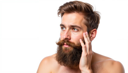 Obraz premium Young man with beard touching his face while thinking in studio white background copyspace No shave November