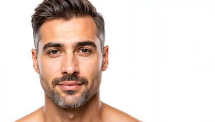 Obraz premium Young man with facial hair smiling and posing on a light background for No Shave November copyspace