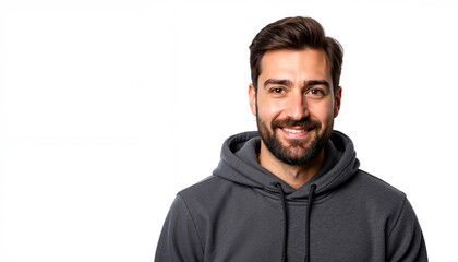 Fototapeta premium Smiling young man with beard wearing hoodie on white background, concept of No Shave November copyspace
