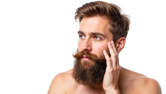 Young man with beard touching his face while thinking in studio  white background copyspace No shave November