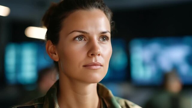 An army software engineer in a command post codes AI brain systems on generic consoles; uniform features generic non identifiable patches coordinating defense operations