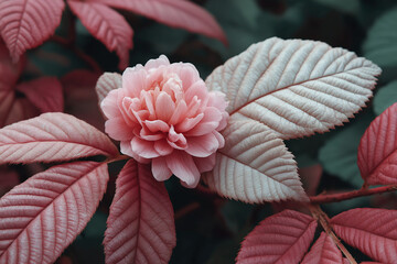 A soft pink camellia flower blooms amidst dusty rose and blush-colored leaves, captured in a moody, macro botanical shot. Romantic floral close-up with fine detail and artistic texture.