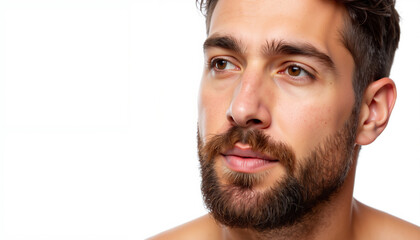 Fototapeta premium Beard close up, Young man with a beard looking thoughtfully on white background for No Shave November , copyspace 