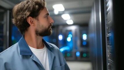 An AI engineer in a data center checks CPU usage issues fixing memory errors with machine learning on generic diagnostic consoles screens showing diagnostics server racks