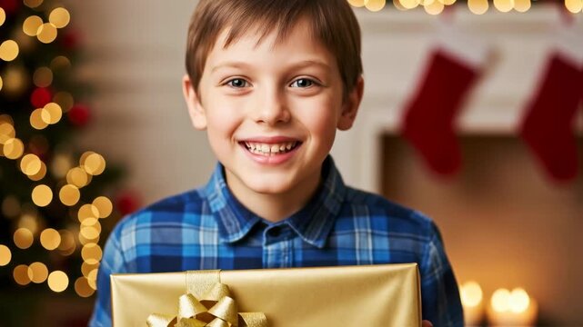Happy child wearing in red sweater is joyfully presenting a golden gift box adorned with big bow. twinkling lights and warm fireplace in background, embodying the spirit of christmas celebration
