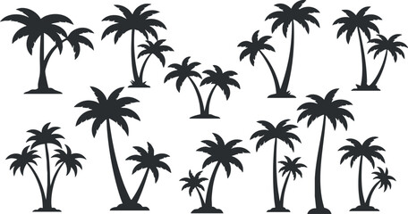 Fototapeta premium A collection of palm tree silhouettes ideal for tropical and beach-themed designs.