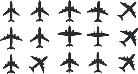 Fototapeta premium Silhouettes of various aircraft in multiple positions representing aviation and travel themes.