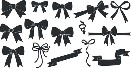A collection of black silhouette bows and ribbons for decoration and design purposes.