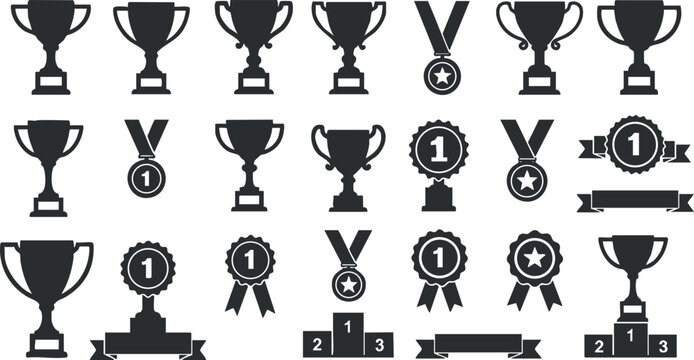 A collection of trophies and medals representing awards and achievements in various competitions.