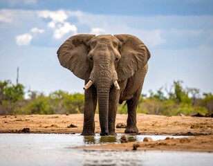 Obraz premium A majestic elephant stands at the edge of a watering hole, gazing directly at the camera with its large ears spread