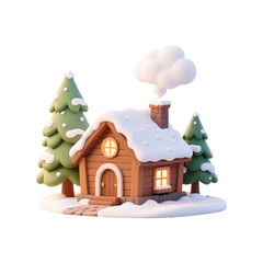 Charming Snow Covered Wooden Cabin Surrounded by Winter Trees